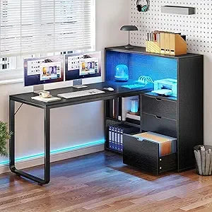 L Shaped Desk with Power Outlets LED Lights Computer Desk with Drawers