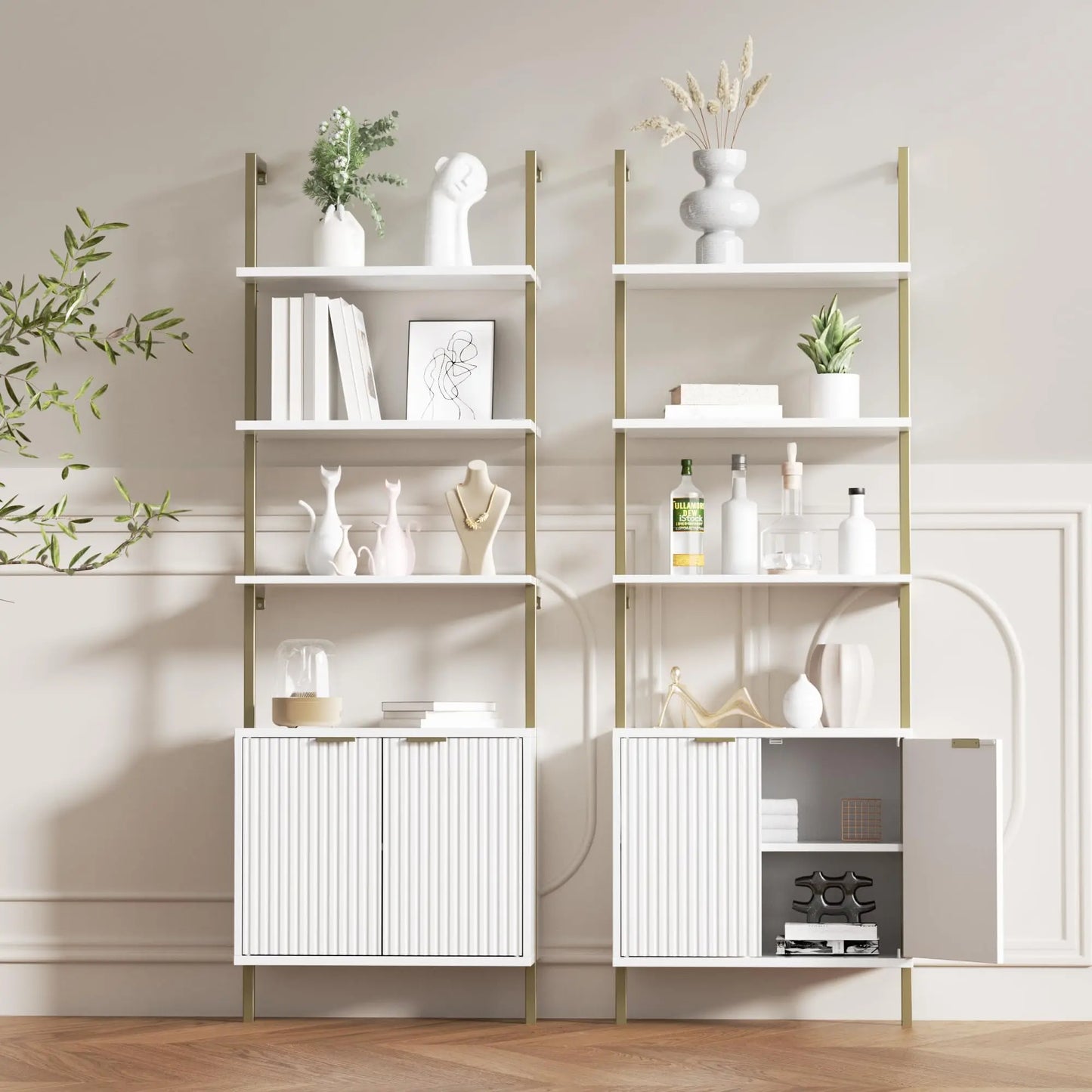 Ladder Bookshelf Storage Cabinet 71'' Tall Wall Mount Bookcase Metal Frame