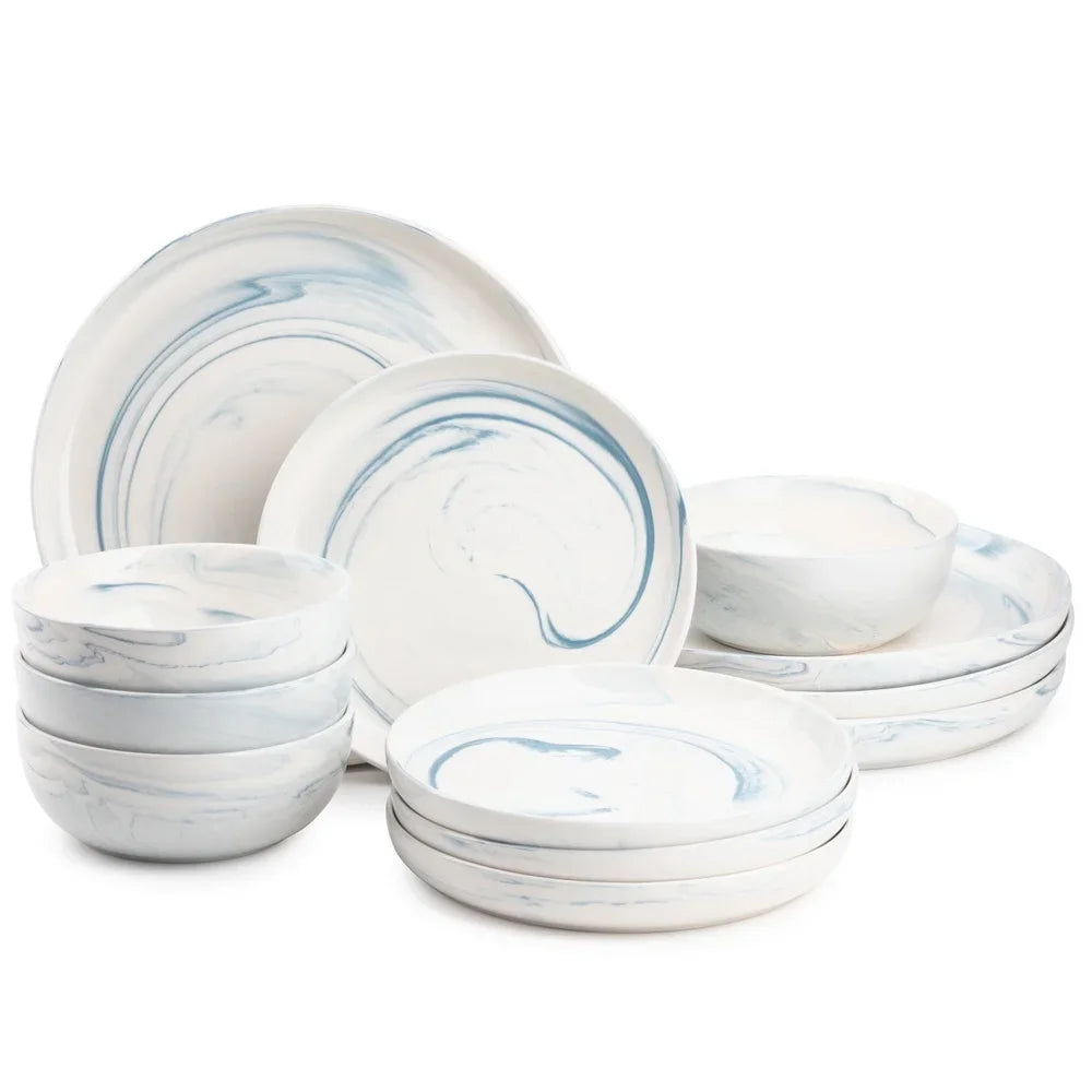 12 Piece Blue Marble Stoneware Dinnerware Set Microwave Safe Dishwasher Safe