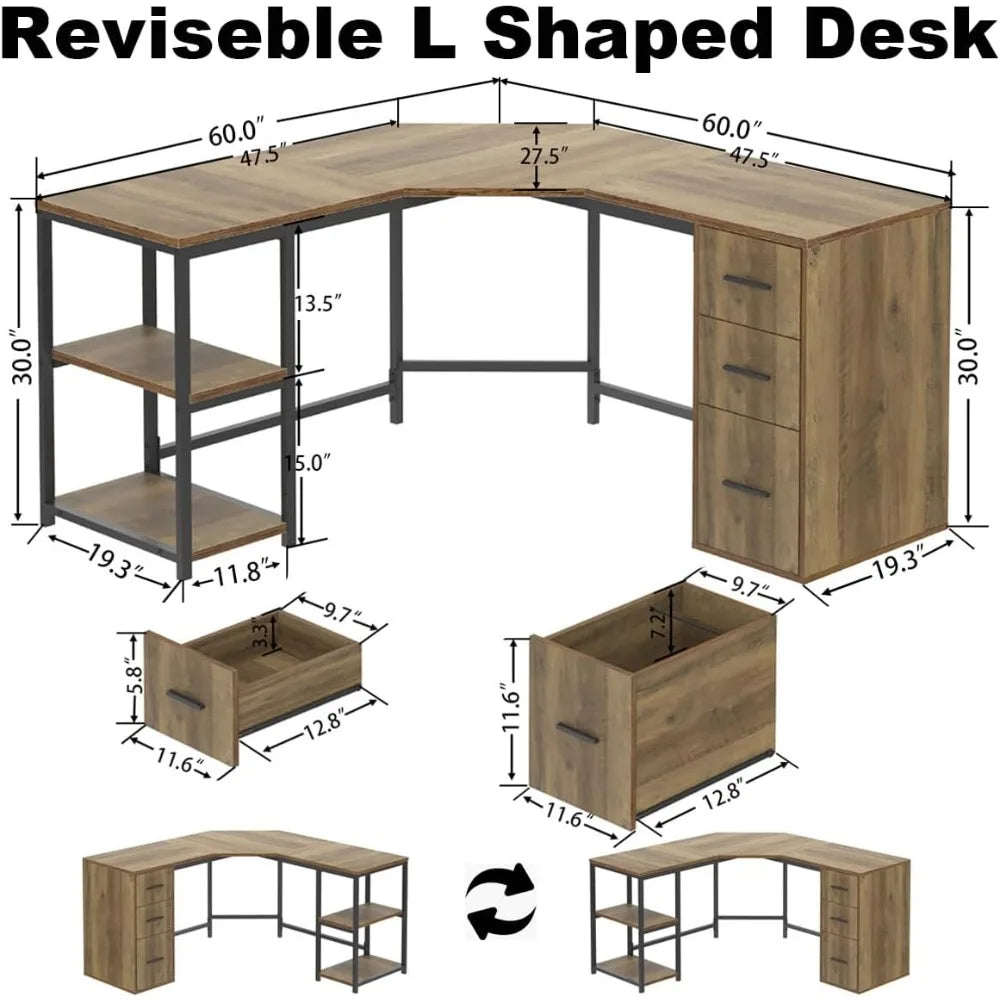 Rustic L Shape Computer Desk with File Cabinet Reversible Corner Desk