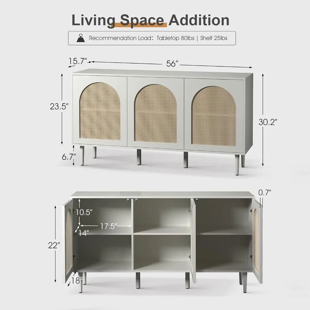 Sideboard Buffet Cabinet with Rattan Doors and Metal Legs for Storage
