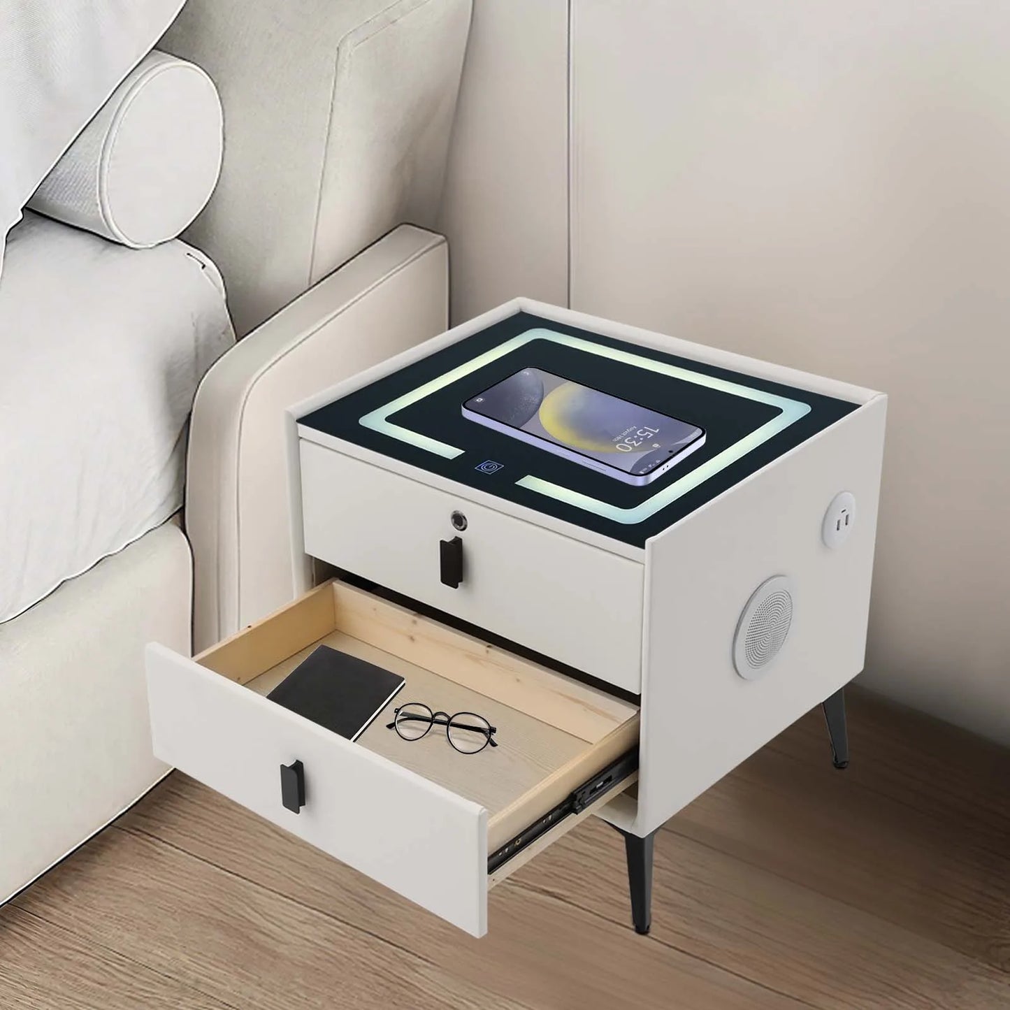 Smart Bedside Table with Bluetooth Speaker and USB Charging Drawers