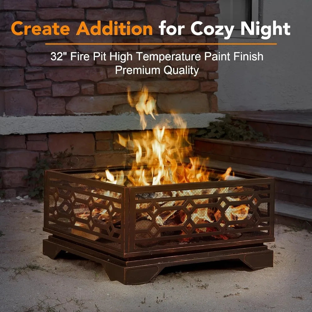 Large 32 Inch Outdoor Fire Pit Wood Burning Square Metal Fireplace