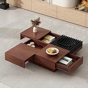 Vintage Acacia Wood Square Coffee Table with Sliding Top and Storage