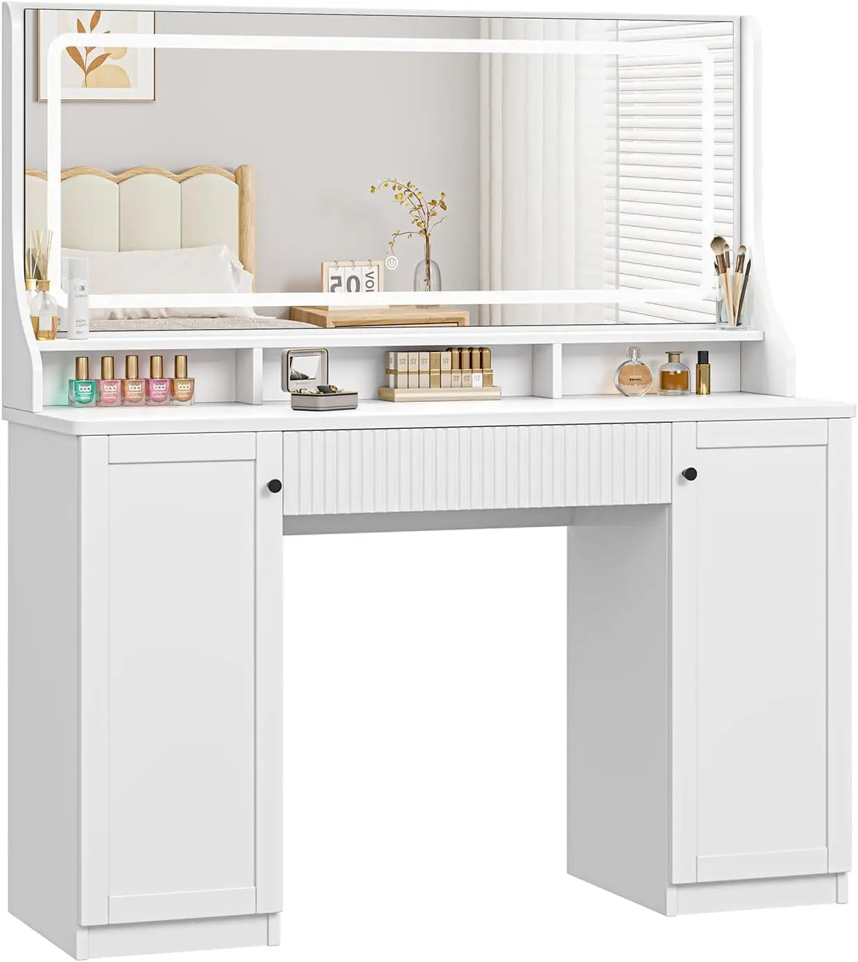 46.5 Inch Makeup Vanity Desk with Mirror LED Light and Storage Cabinets