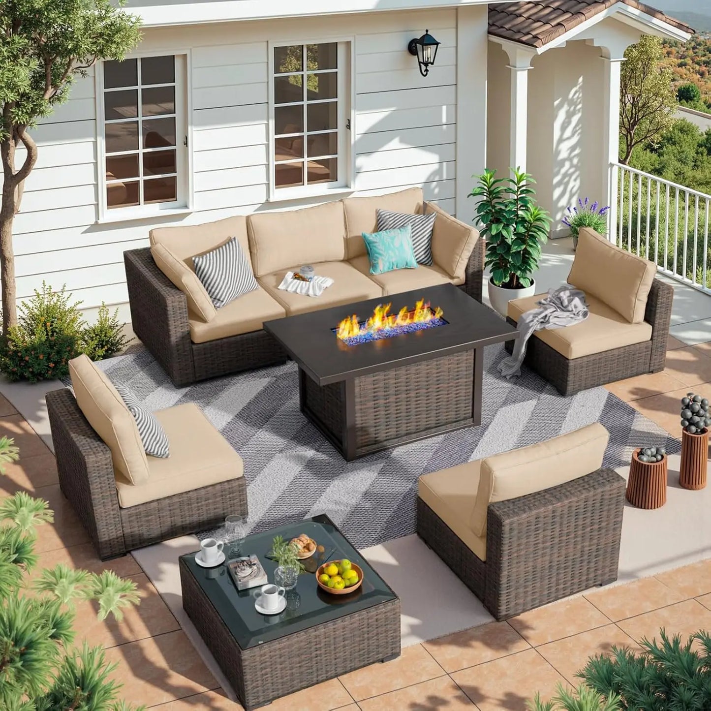 Ljustra 8 Piece Patio Furniture Set with Fire Pit Table Rattan Sectional