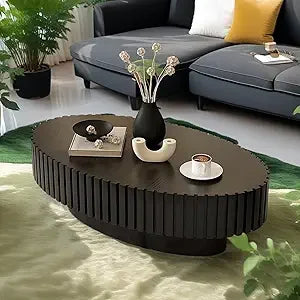 Modern Oval Coffee Table Handcrafted Drum Fluted Center Table