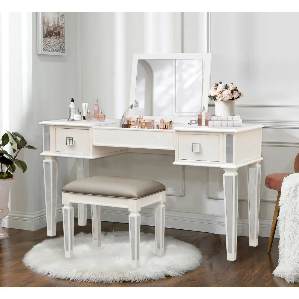 Luxury Mirrored Vanity Desk Set with Stool and Drawer Storage for Bedroom