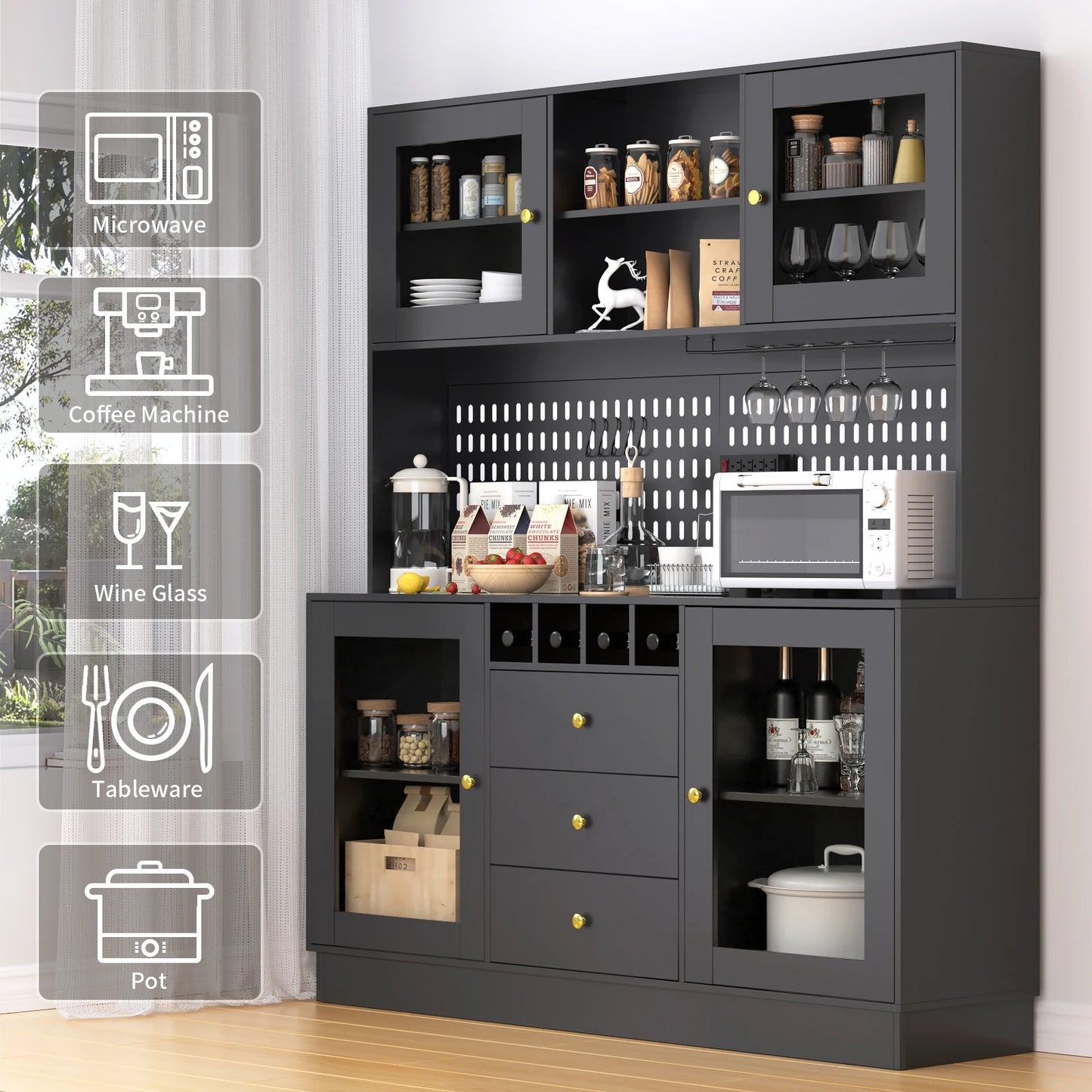 Pantry Cabinet Kitchen Storage Buffet Hutch with Pegboard Cup Holder