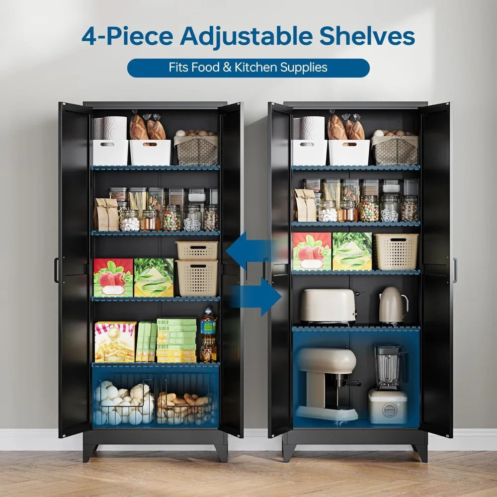 75 Inch Farmhouse Metal Storage Cabinet Adjustable Shelves Pantry Organizer