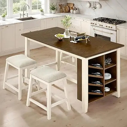 Solid Wood Counter Height Kitchen Island Table Set with Stools