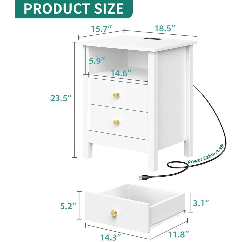 Nightstand with Charging Station Modern Bedside Table 2 Drawers USB
