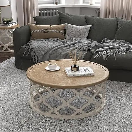 Farmhouse Round Coffee Table Vintage Storage French Country Style