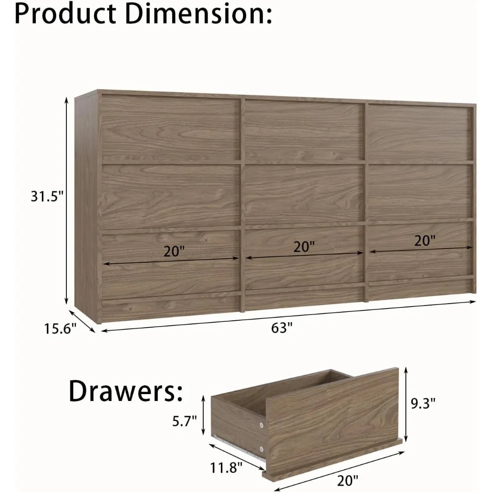 9 Drawer Walnut Dresser Large Storage Chest Modern Bedroom Organizer