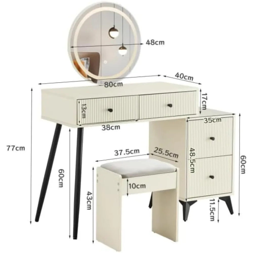 Fluted Makeup Vanity Desk with LED Mirror Adjustable Lights Modern