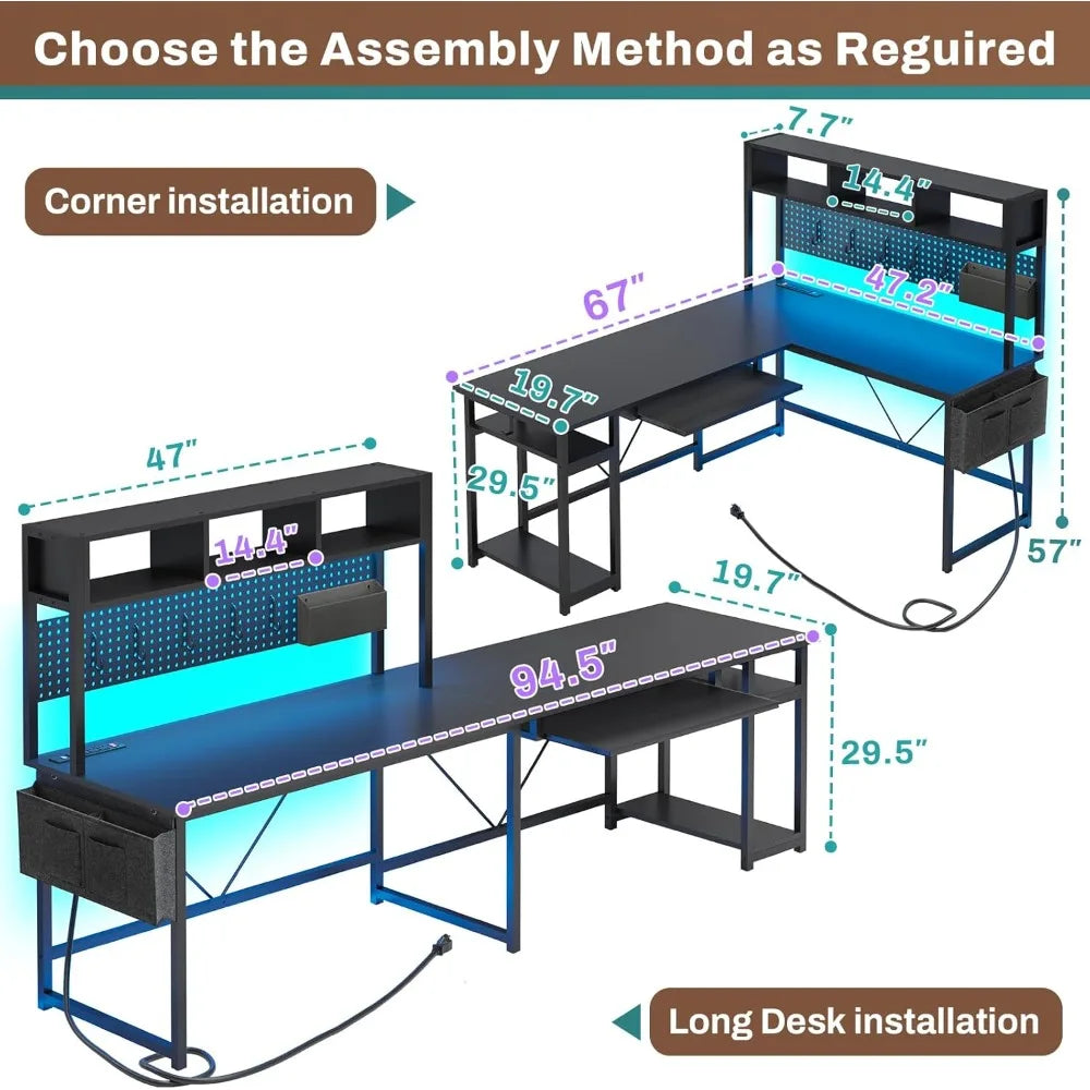 L Shaped Gaming Desk with USB Outlet LED Lights and Keyboard Tray