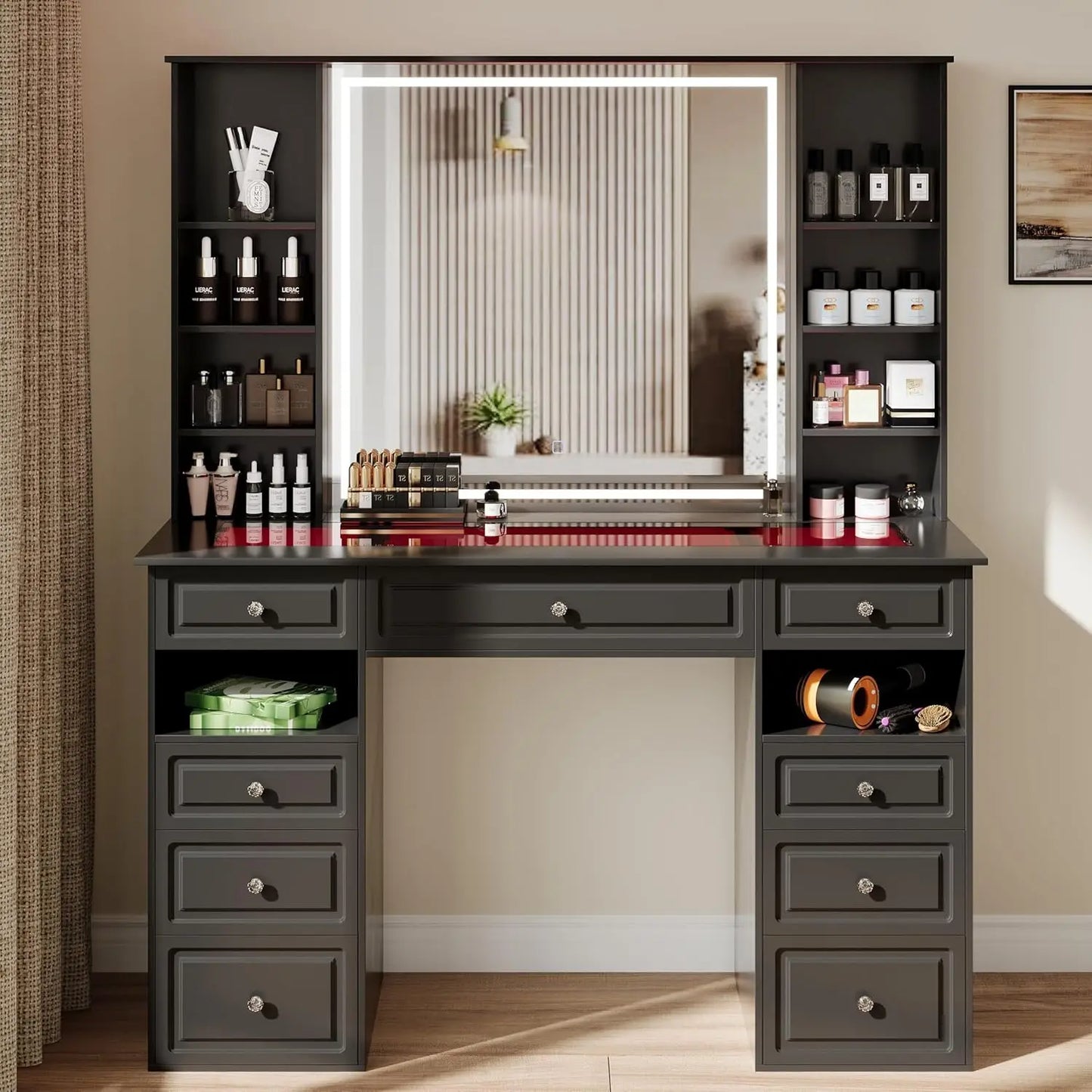 Vanity Table with Mirror and Light Storage Dresser with 9 Drawers