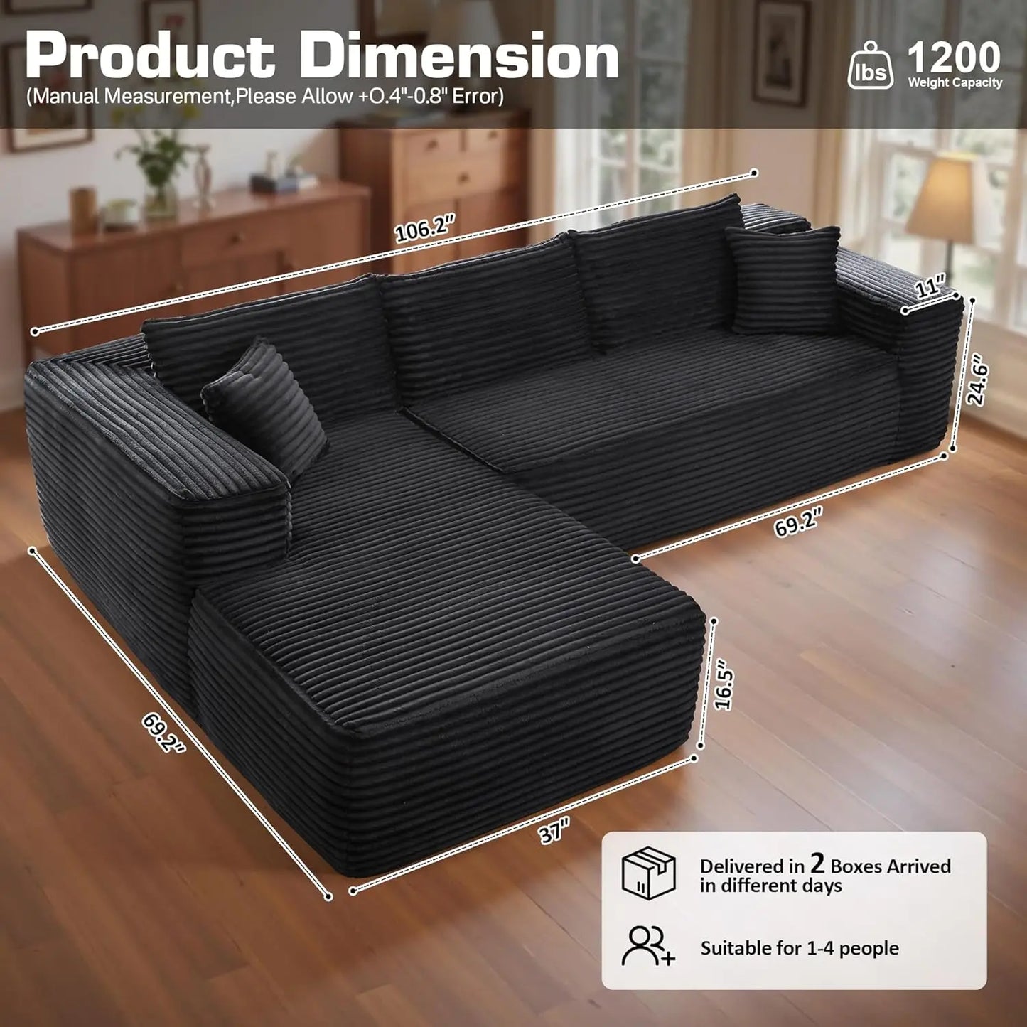 Ljustra 106" Modern L-Shaped Sectional Couch, Fluffy Corduroy Sofa, No Assembly Required