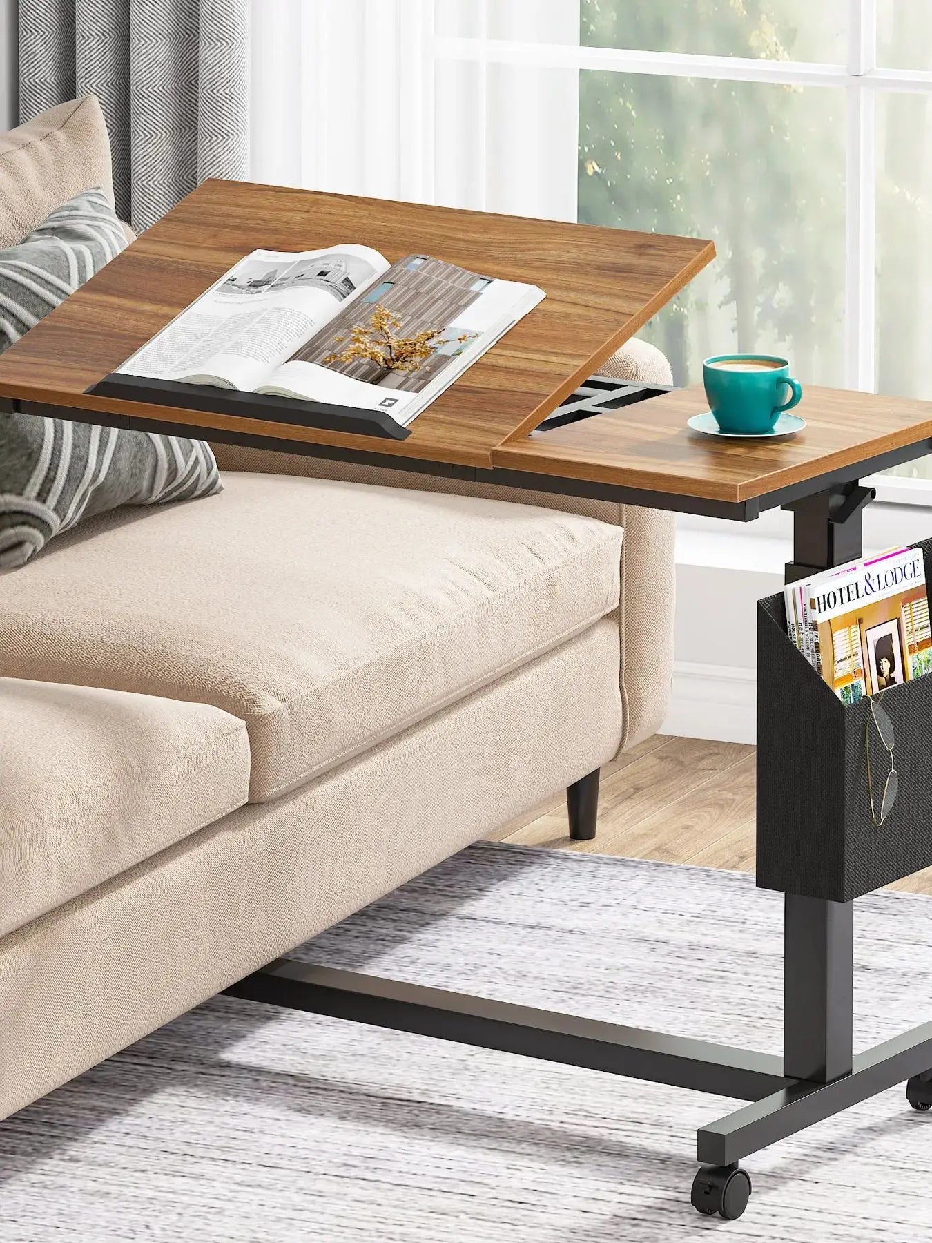Tribesigns Height Adjustable C Shaped End Table with Wheels and Pocket