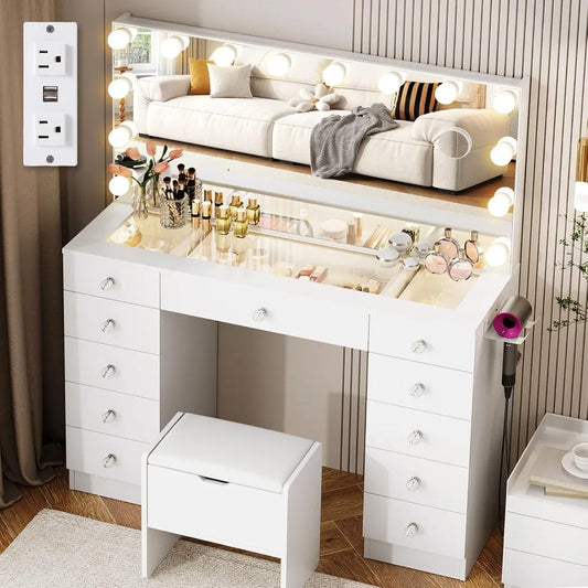Vanity with Lighted Mirror Adjustable Brightness 11 Drawers Makeup Desk