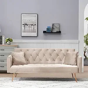 Velvet Futon Sofa Bed Convertible Sleeper with Adjustable Backrest Pillows