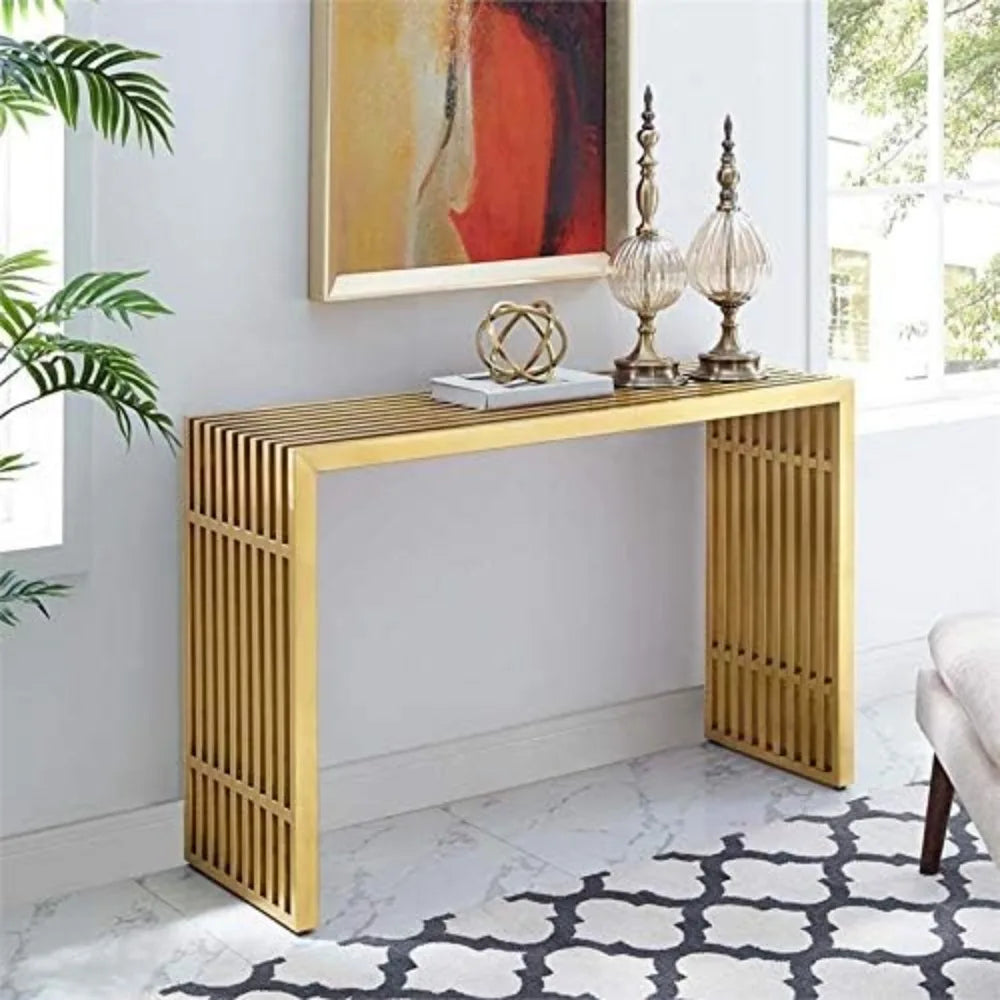 Gridiron Modern Gold Stainless Steel Console Table Accent Furniture