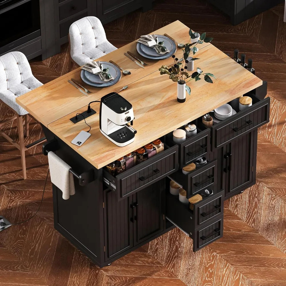 Kitchen Island with Drop Leaf Power Outlet Storage on Wheels