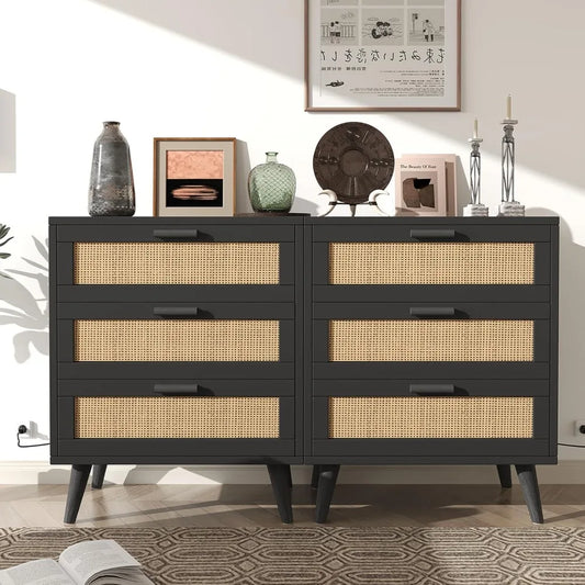 Rattan Nightstand Set of 2 with Charging Station and 6 Drawers