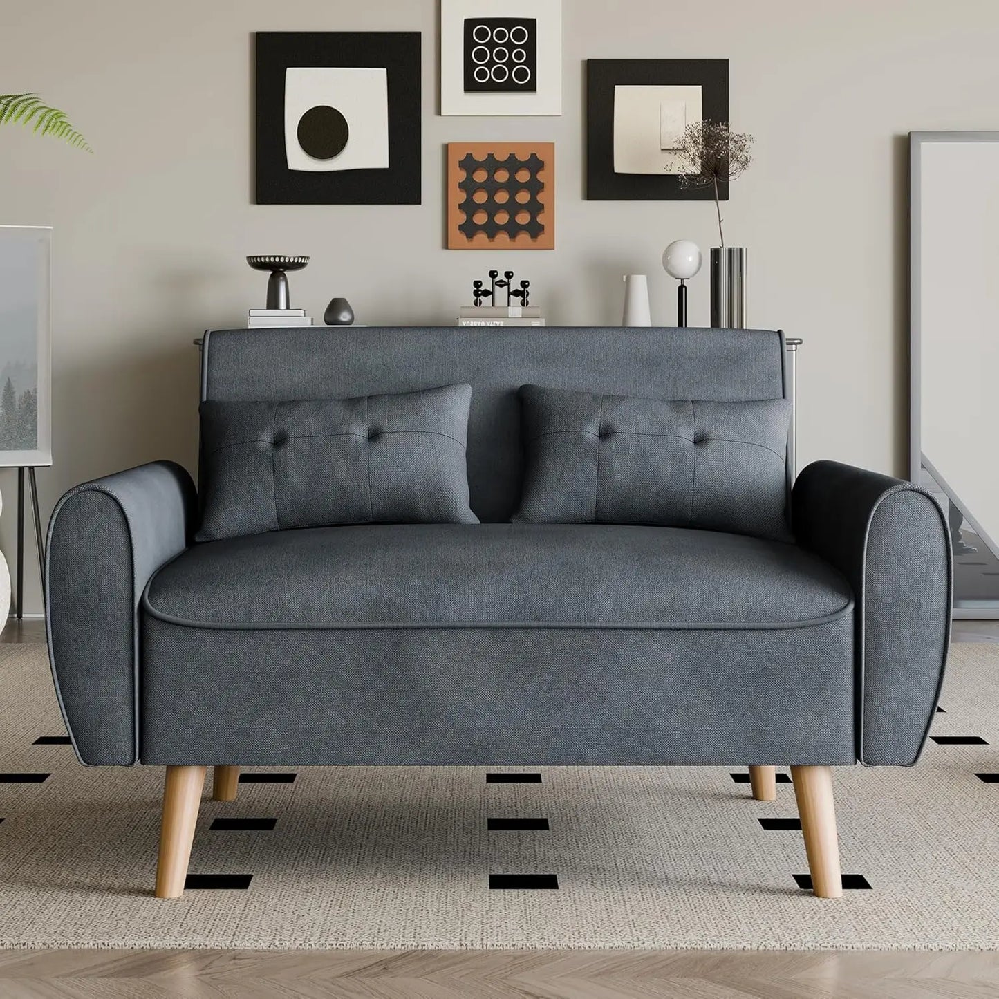 Modern Loveseat Sofa Mid Century Linen Fabric Tufted Couch Living Room