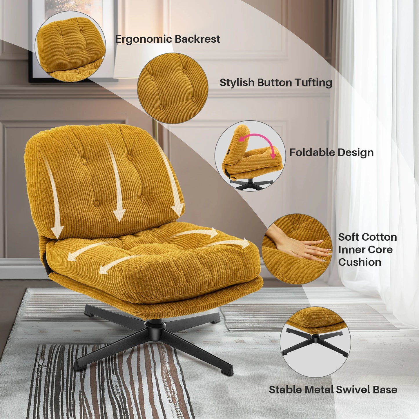 Ljustra Modern Foldable Accent Chair 360° Swivel Upholstered Lounge