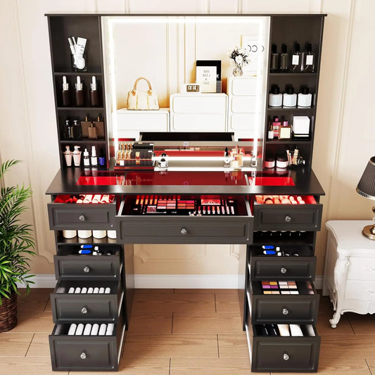 Vanity Table with Mirror and Light Storage Dresser with 9 Drawers