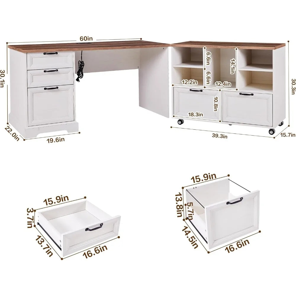 60 Inch L Shaped Executive Desk with File Cabinet and Charging Station