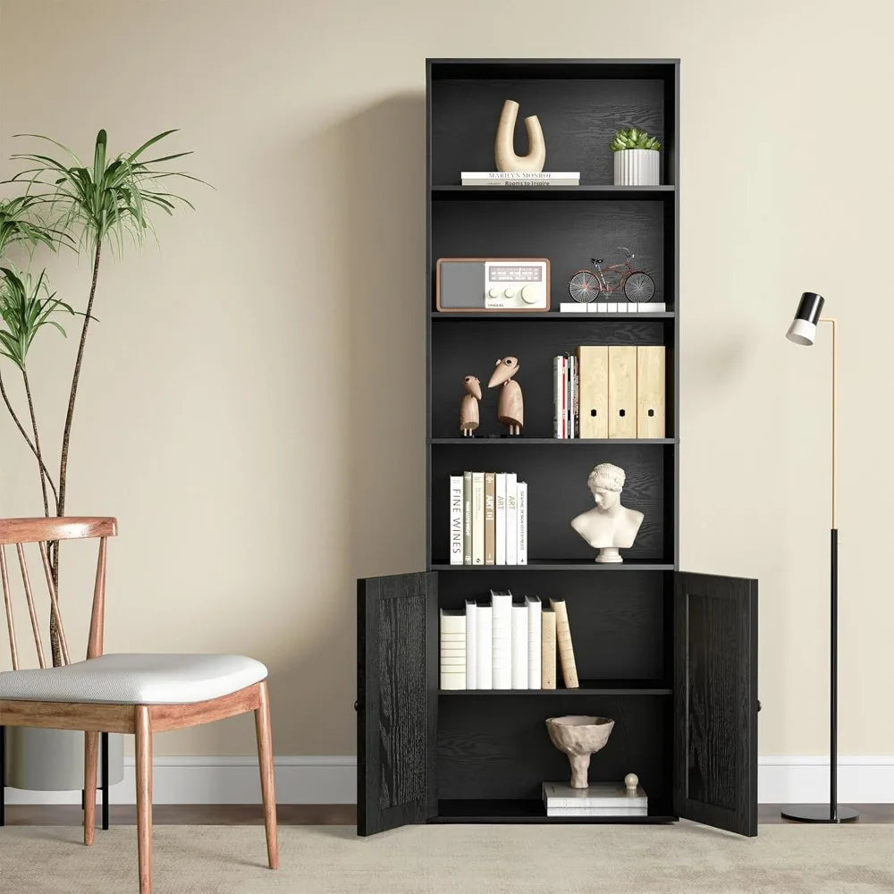 Wooden Bookshelves Bookcases with Doors 6 Shelf Storage Display 70.86in
