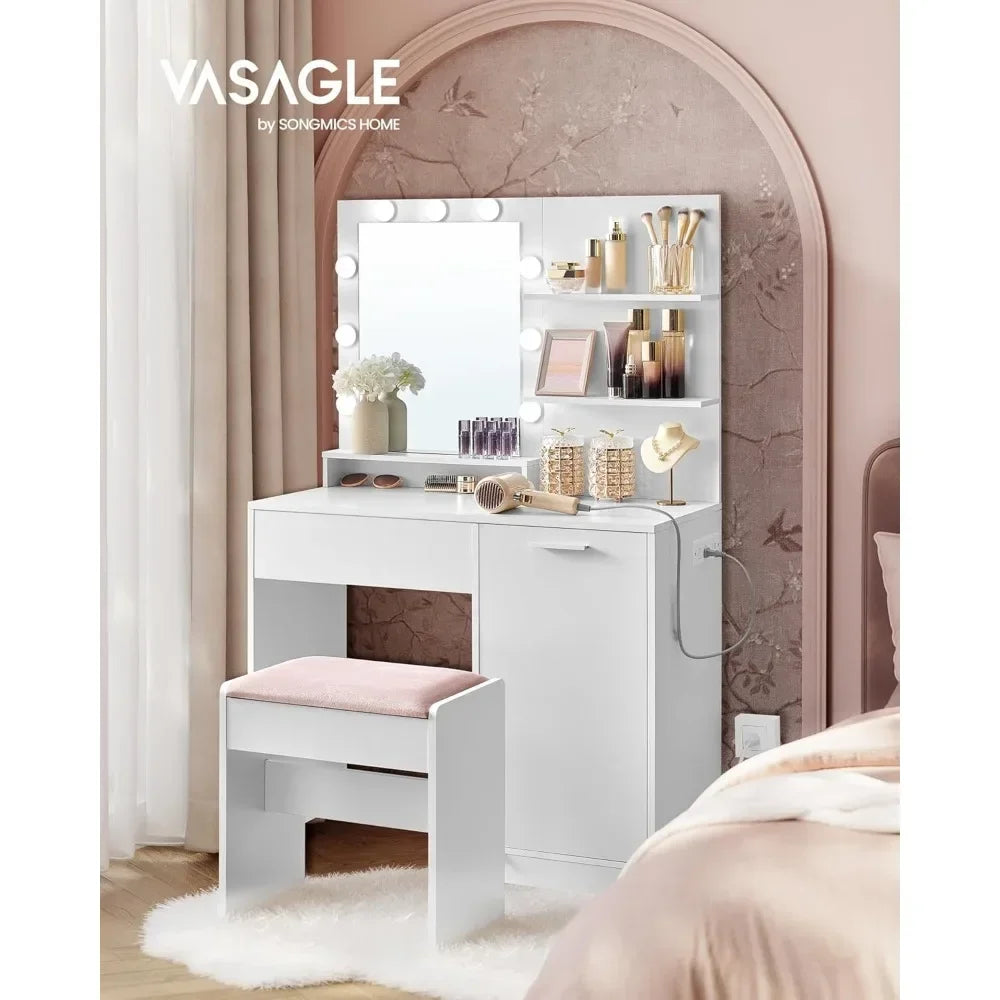 Ljustra Makeup Vanity Desk with Mirror LED Lights and Upholstered Stool
