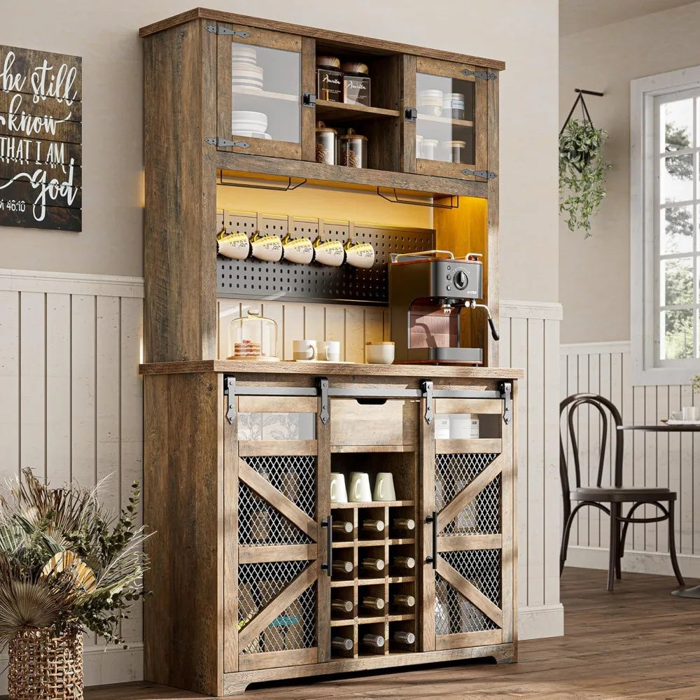 Kitchen Buffet Cabinet Coffee Bar with Power Outlet LED Light Storage