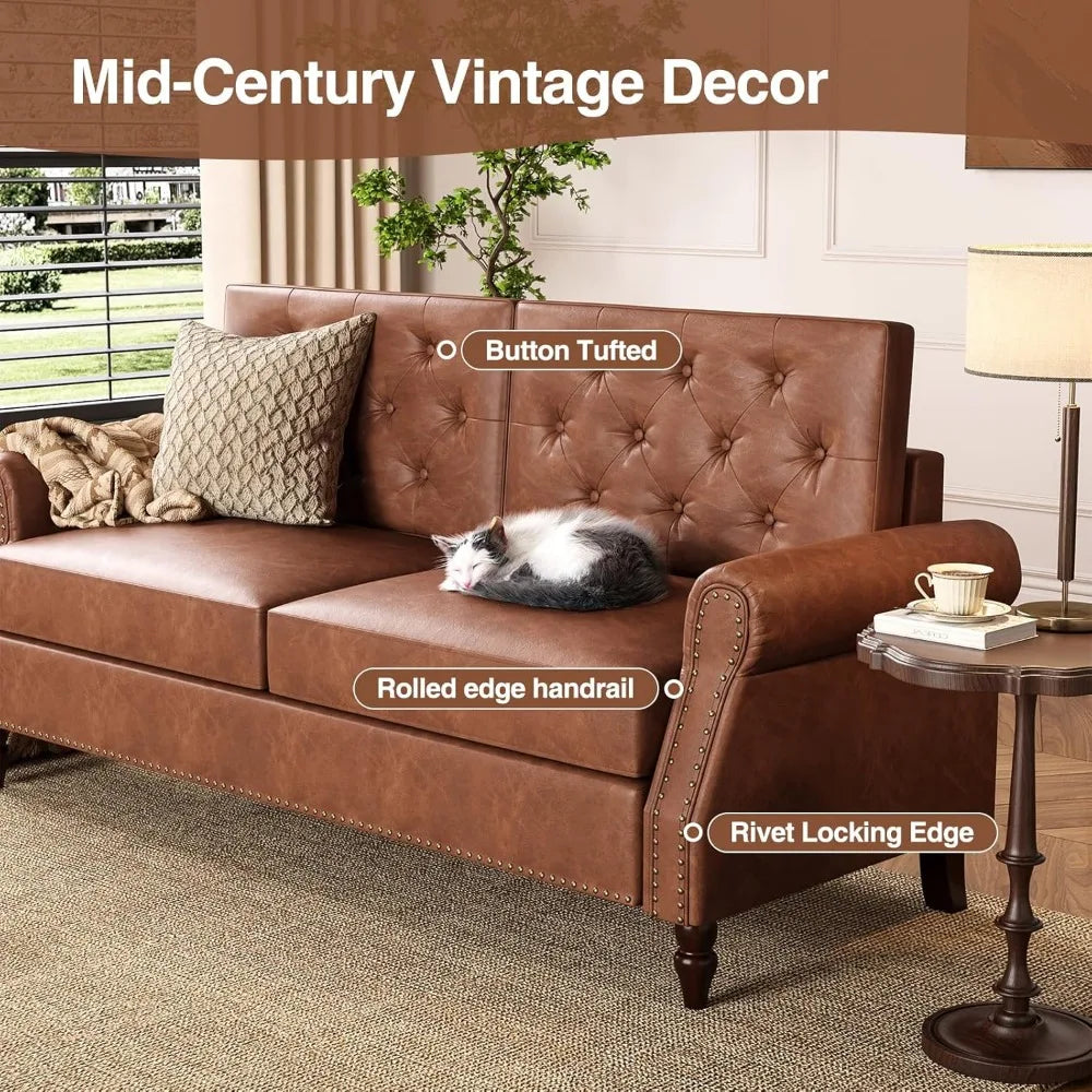 Ljustra Brown Couch 73 Inch Sofa Faux Leather Vintage Office Sofa