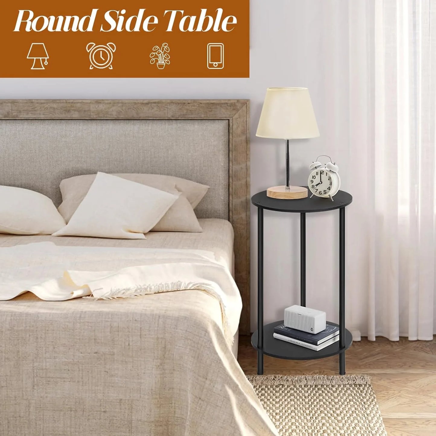 Set of 2 Round End Tables 2-Tier Farmhouse Night Stands Storage Shelves