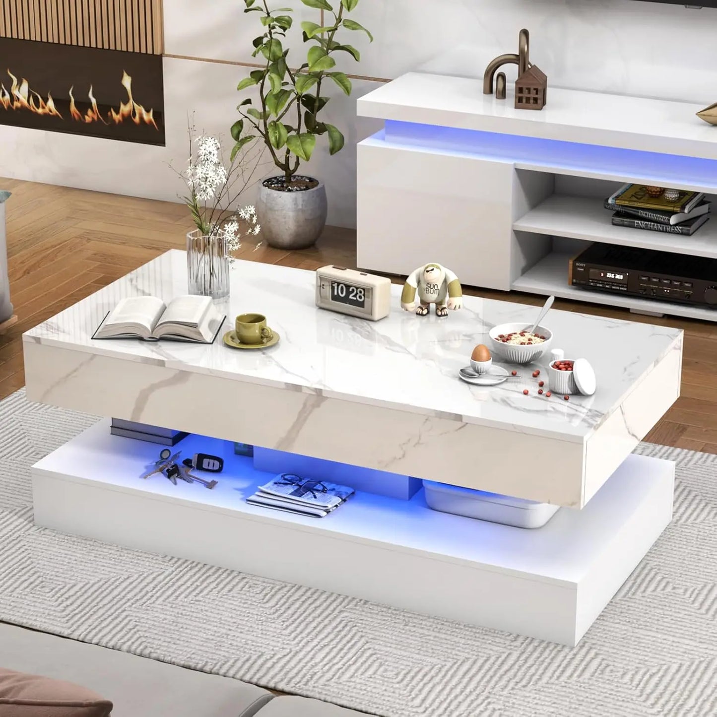Modern Coffee Table with LED Lights Double-Layer Design Storage Drawers