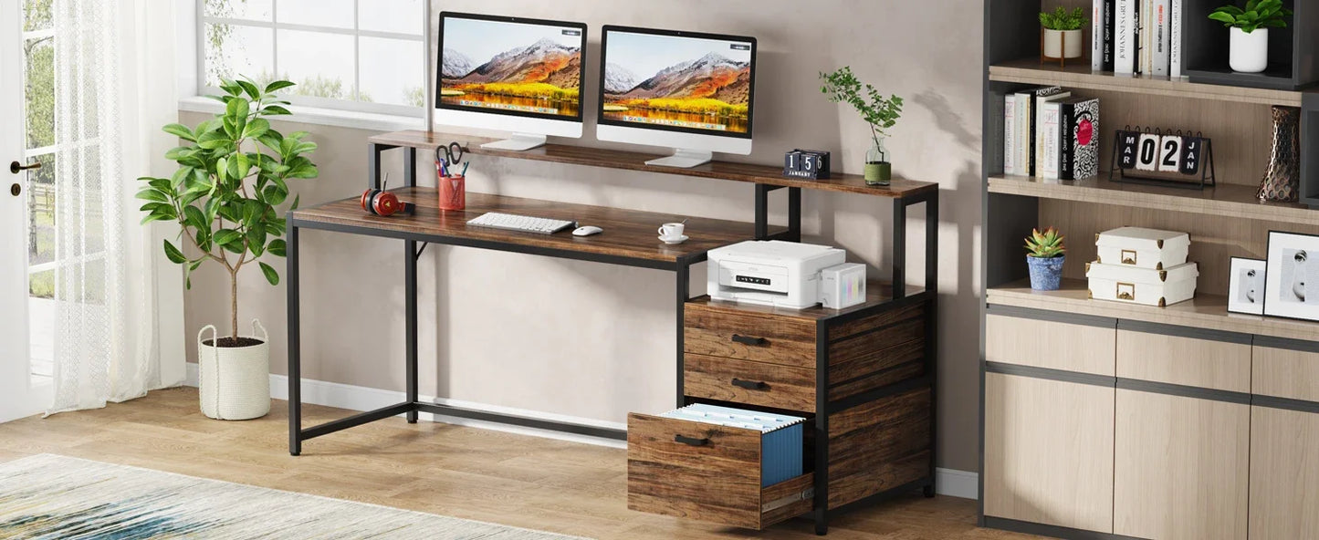 Ljustra 63 Inch Ergonomic Computer Desk with File Drawer Cabinet