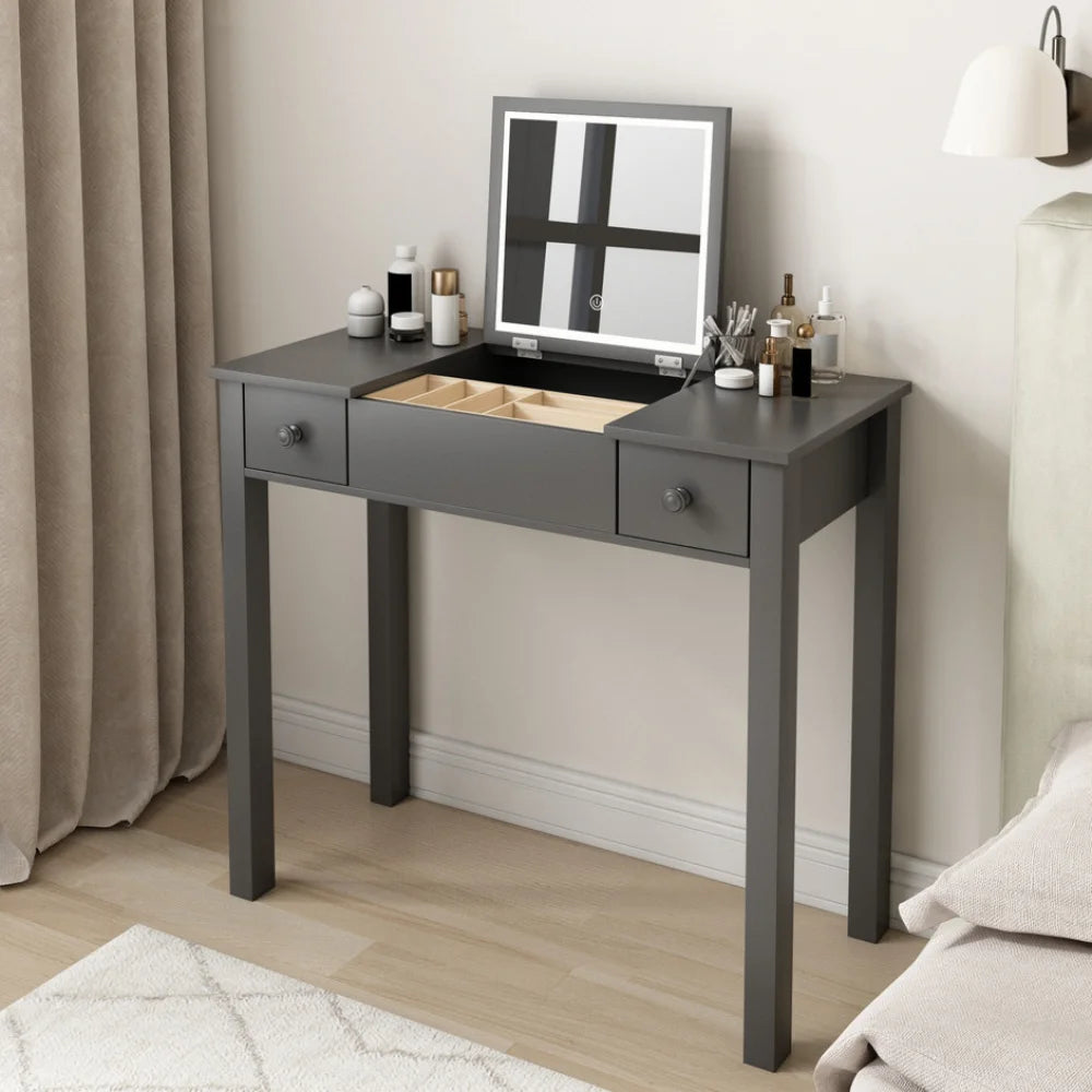 Elegant Black Vanity Table with LED Mirror and Jewelry Storage