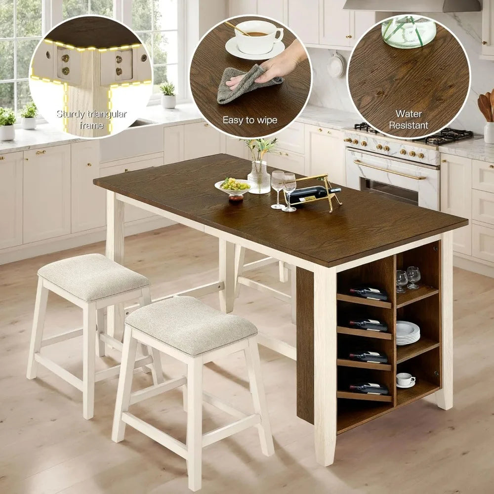 Solid Wood Counter Height Kitchen Island Table Set with Stools