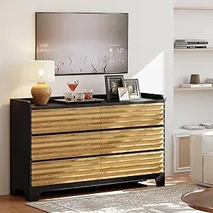 Fluted Dresser 59" Wide Wood Chest with 6 Drawers and Hooks for Bedroom