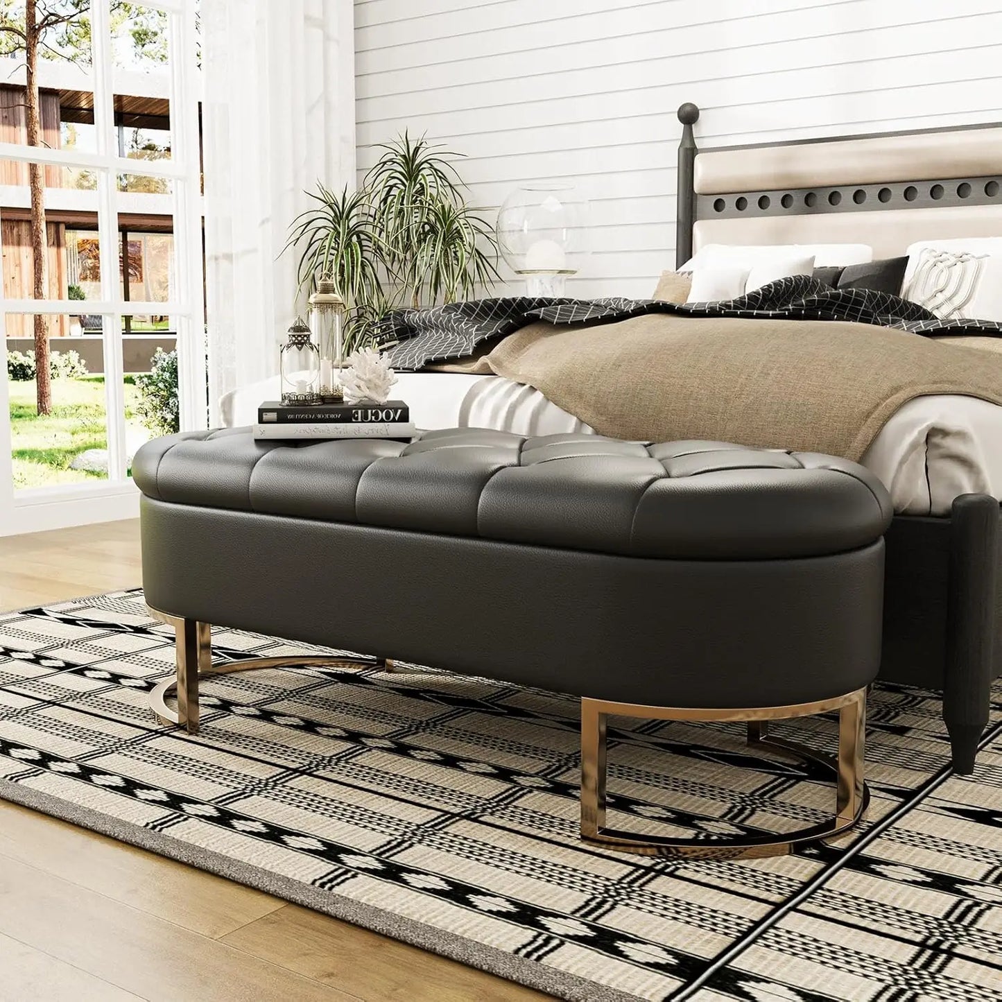 Ljustra 50 Inch Ottoman Storage Bench Upholstered Leather Living Room