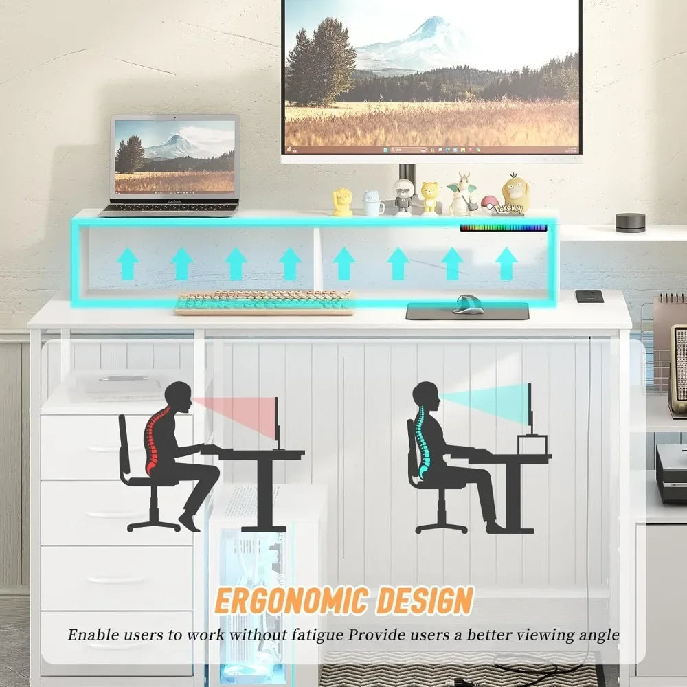 67 Inch Modern Computer Desk with Drawers Power Outlet LED Lights Gaming