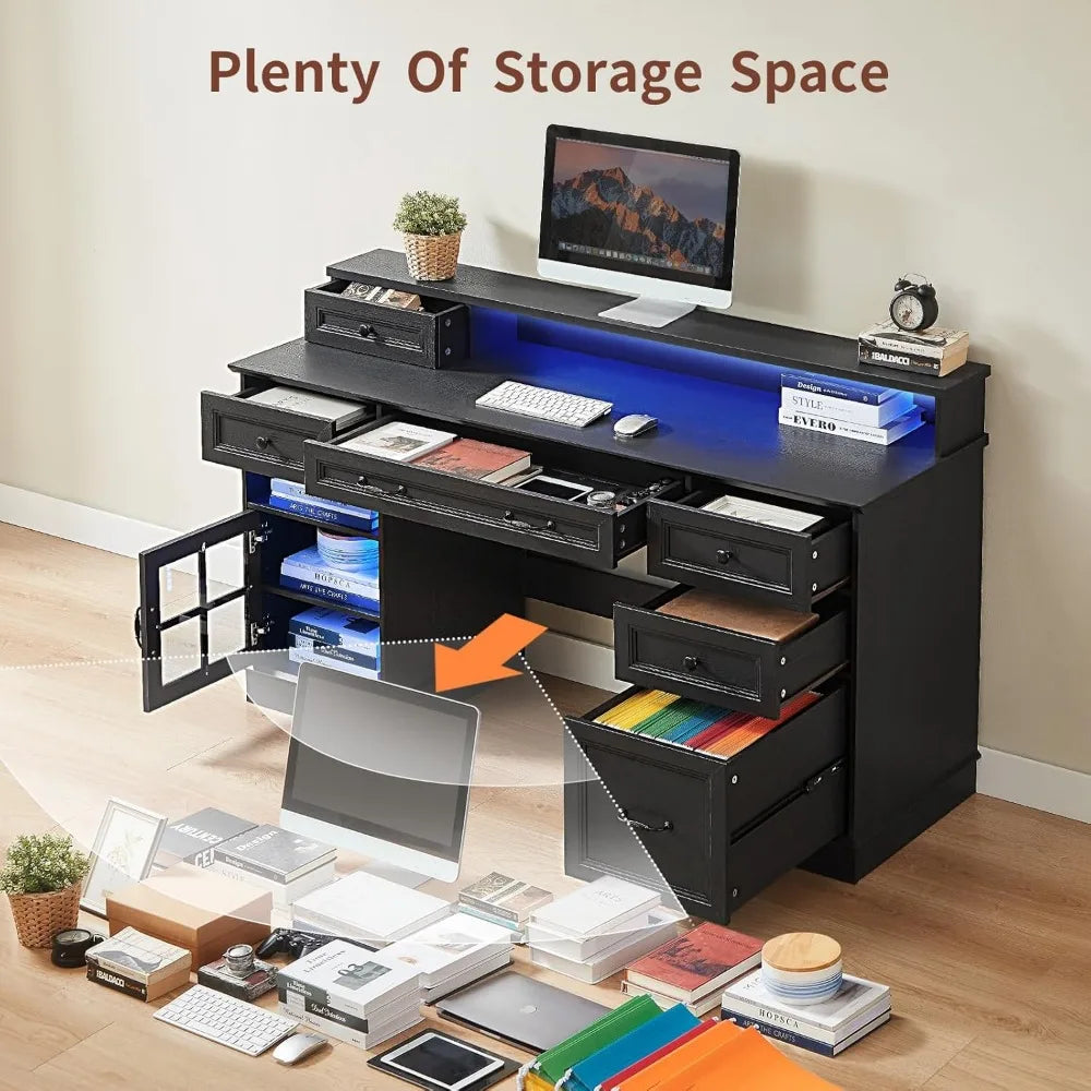 Farmhouse Executive Desk with Drawers LED Lights Power Outlet Storage