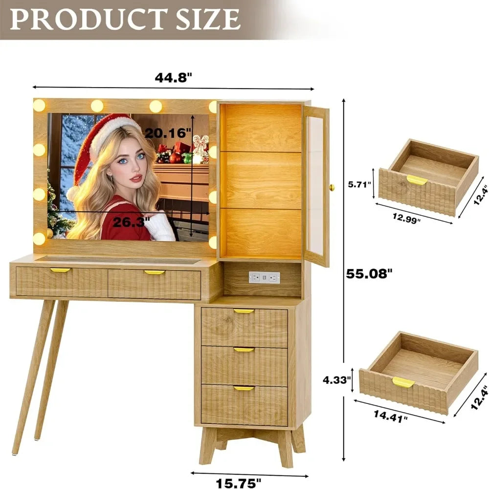 Fluted Vanity Desk with Mirror Lights 5 Drawers Power Outlet Storage