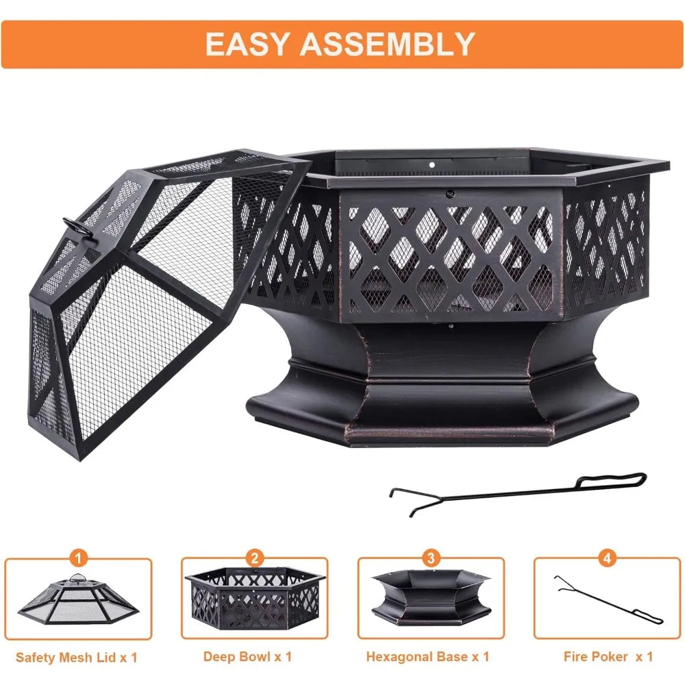 Outdoor Hexagon Fire Pit Wood Burning Patio Bonfire Camping 28 Inch