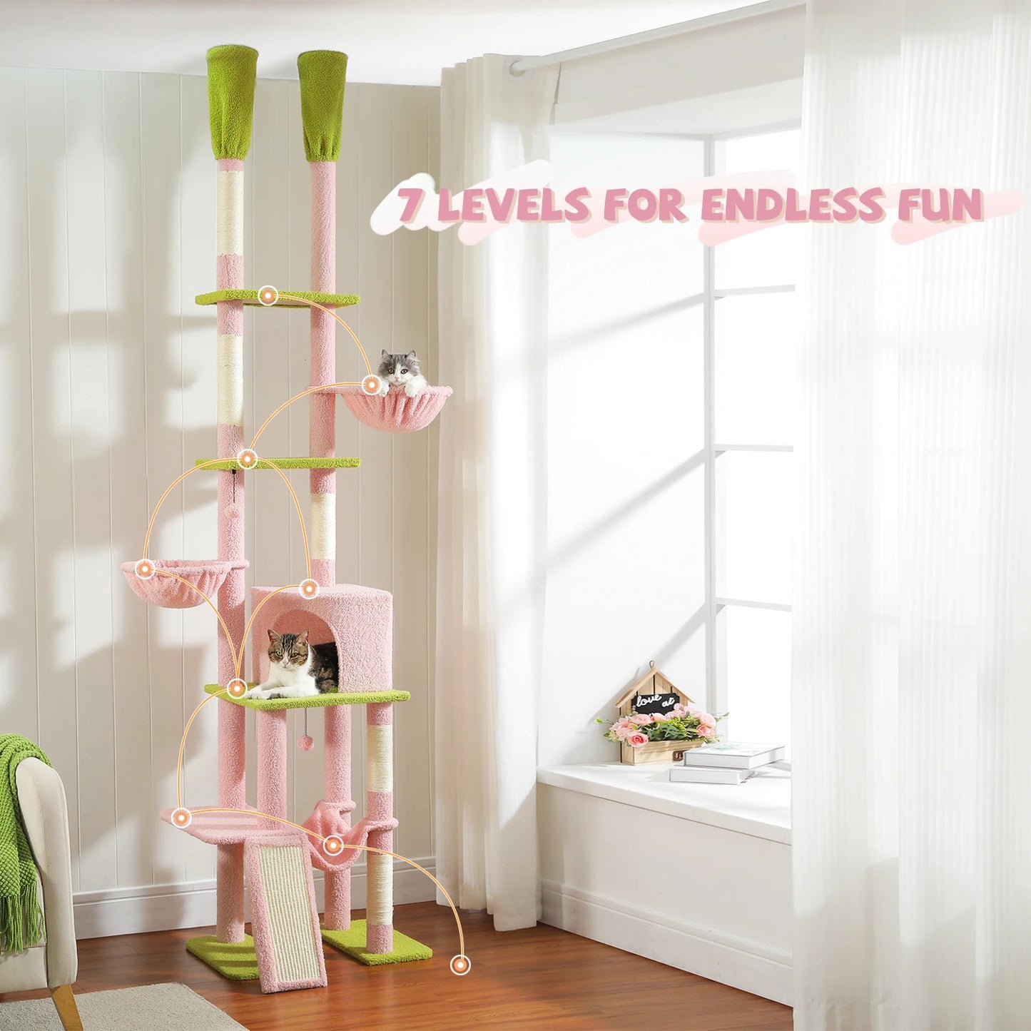 Cactus Cat Tree Floor to Ceiling Cat Tower 7 Tiers with Hammocks and Scratching Posts