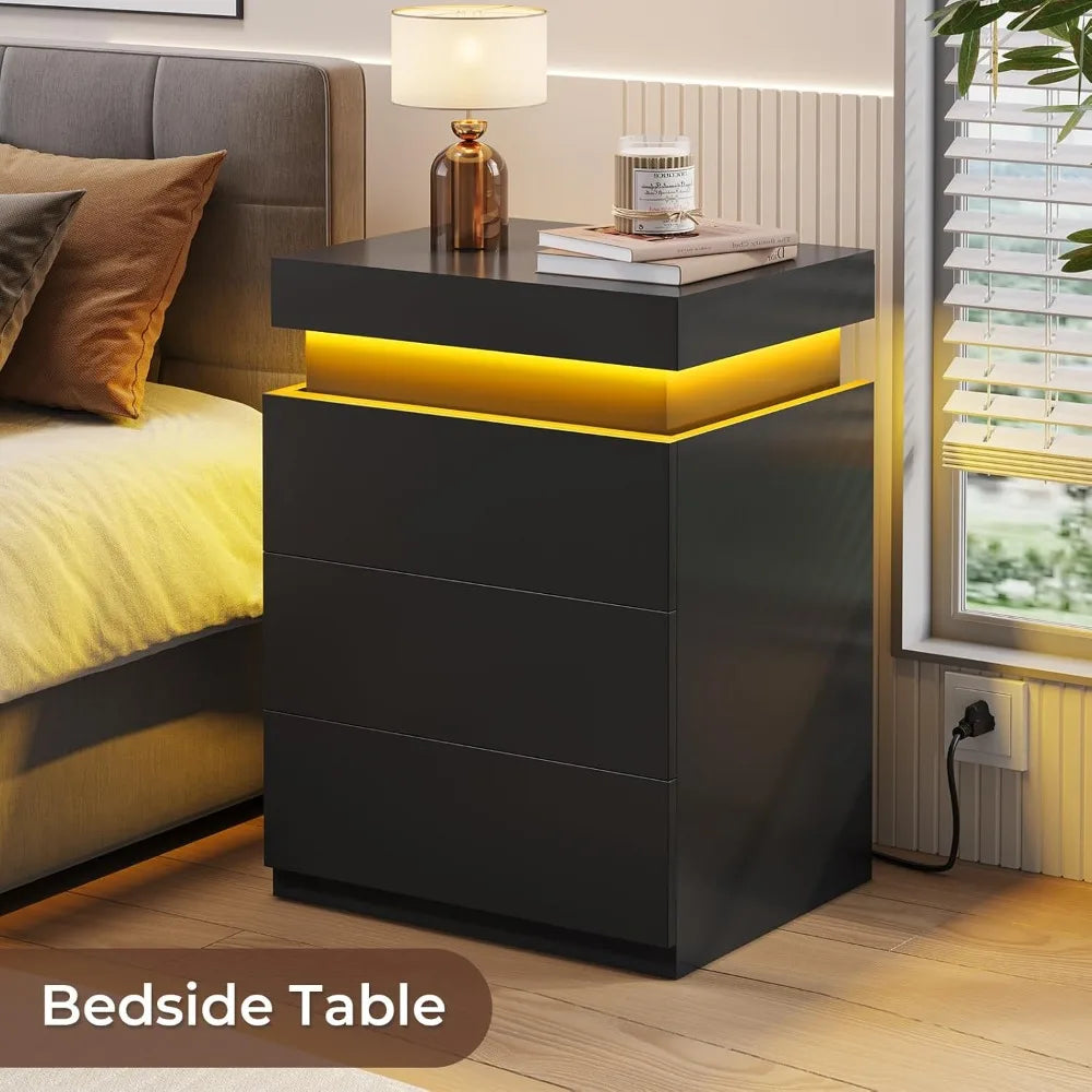 LED Nightstands Set of 2 with Charging Station and Sliding Top