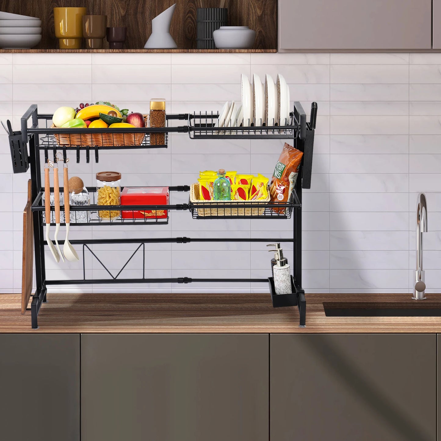 2 Tier Kitchen Storage Shelf Over Sink Adjustable Dish Drying Rack